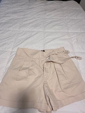 High-Waist Pleated Beige Shorts